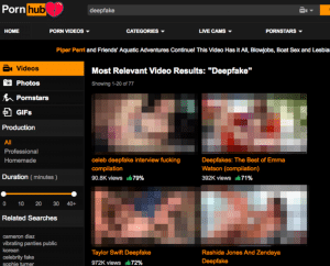 capture d'écran du site pornhub montrant le résultat d'une recherche avec le terme deepfake