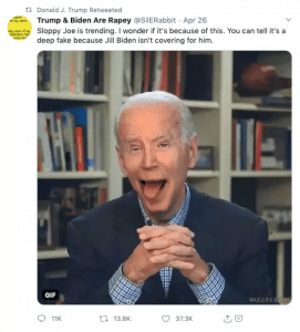 Deepfake de Joe Biden retweeté par Donald Trump le 26 avril 2020