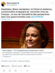 Le tweet d'Olivia Grégoire faisant la promotion de son interview dans l'express
