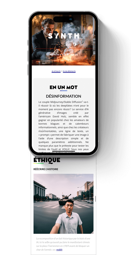 Newsletter SYNTH présentation Newsletter SYNTH présentée dans une maquette d'iphone