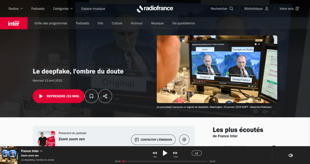 Capture d'écran du site de la page de l'émission Zoom Zoom Zen sur France Inter avec Mathieu Noël intitulée "Le deepfake, l'ombre du doute"